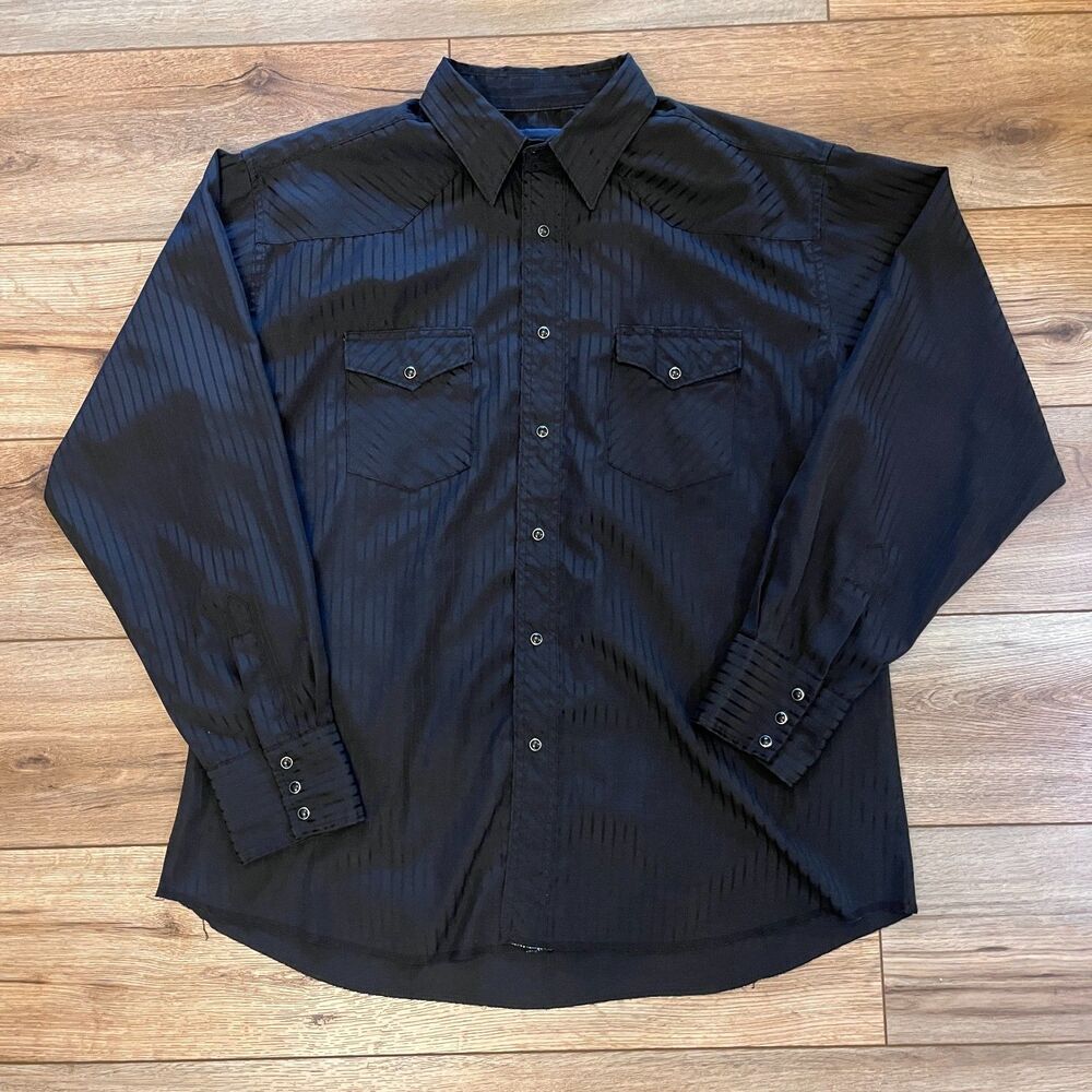 Wrangler Western Pearl Snap Shirt Black Dobby Striped Men's XL Cowboy Rockabilly